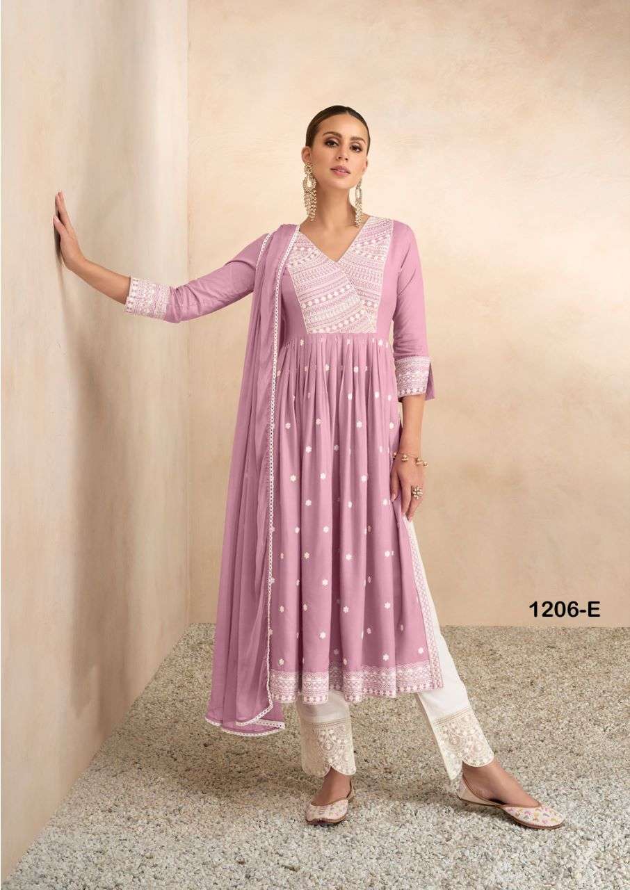 AADHIRA VOL 4 LIGHT COLOR  REYON VISCOS FRNT AND BACK LAKHNAWI WORK NAYRA CUT KURTI WITH COTTON PANT AND NAZMIN DUPATTA BY VAMIKA BRAND 1206 E